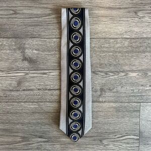 Palatina Men’s Neck Tie Circle Print Blue Silver Silk Workwear Dressy Formal